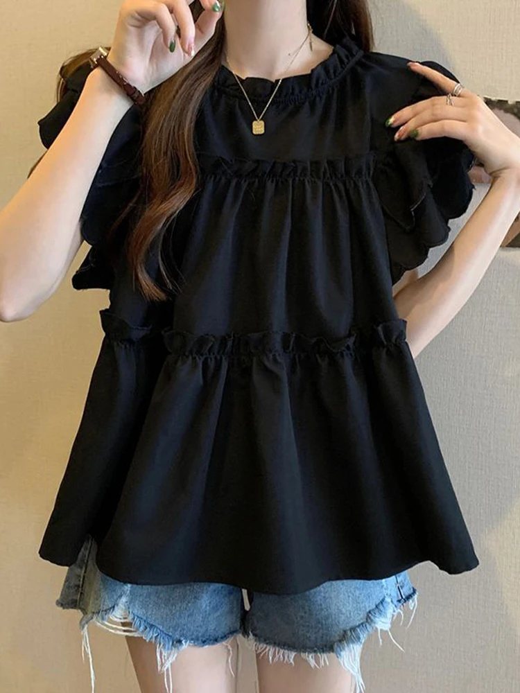 

Sweet Sle Loose Women's ort Sve irt with Lace Hem Cover Belly Slimming Top Summer New Arrival Chinese Made