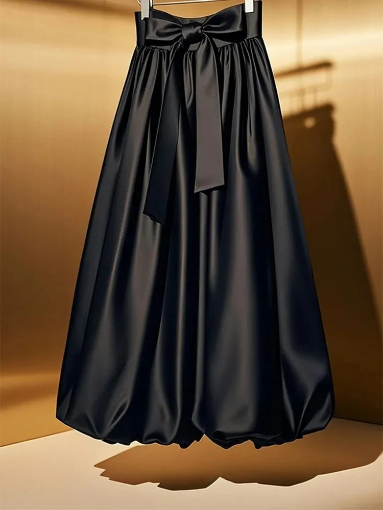 Women Black Satin Maxi Skirt Big Bow High Waist Pleated Flowy A Line Long Balloon Hem Evening Party Formal Skirts 2026 New