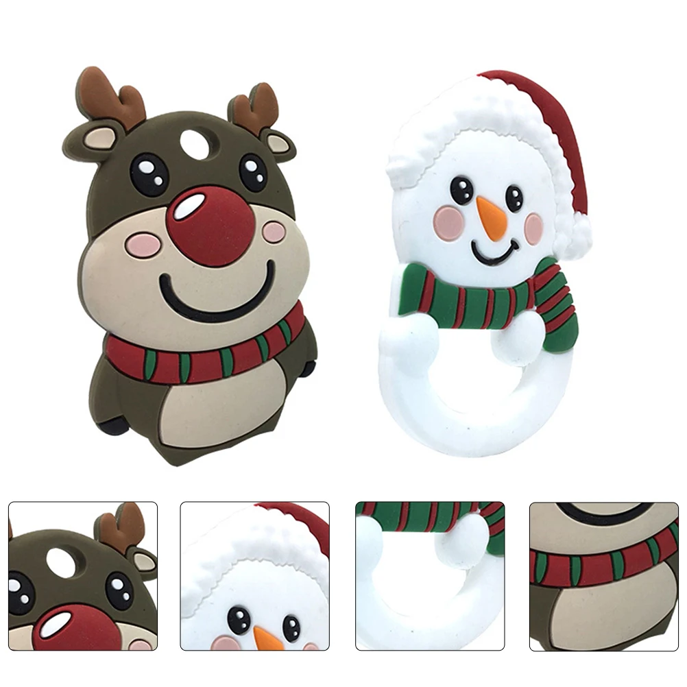 

2Pcs Christmas Themed Baby Teether Toy Food Grade Silicone Safe Cartoon Design Jaw Lips Tongue Training