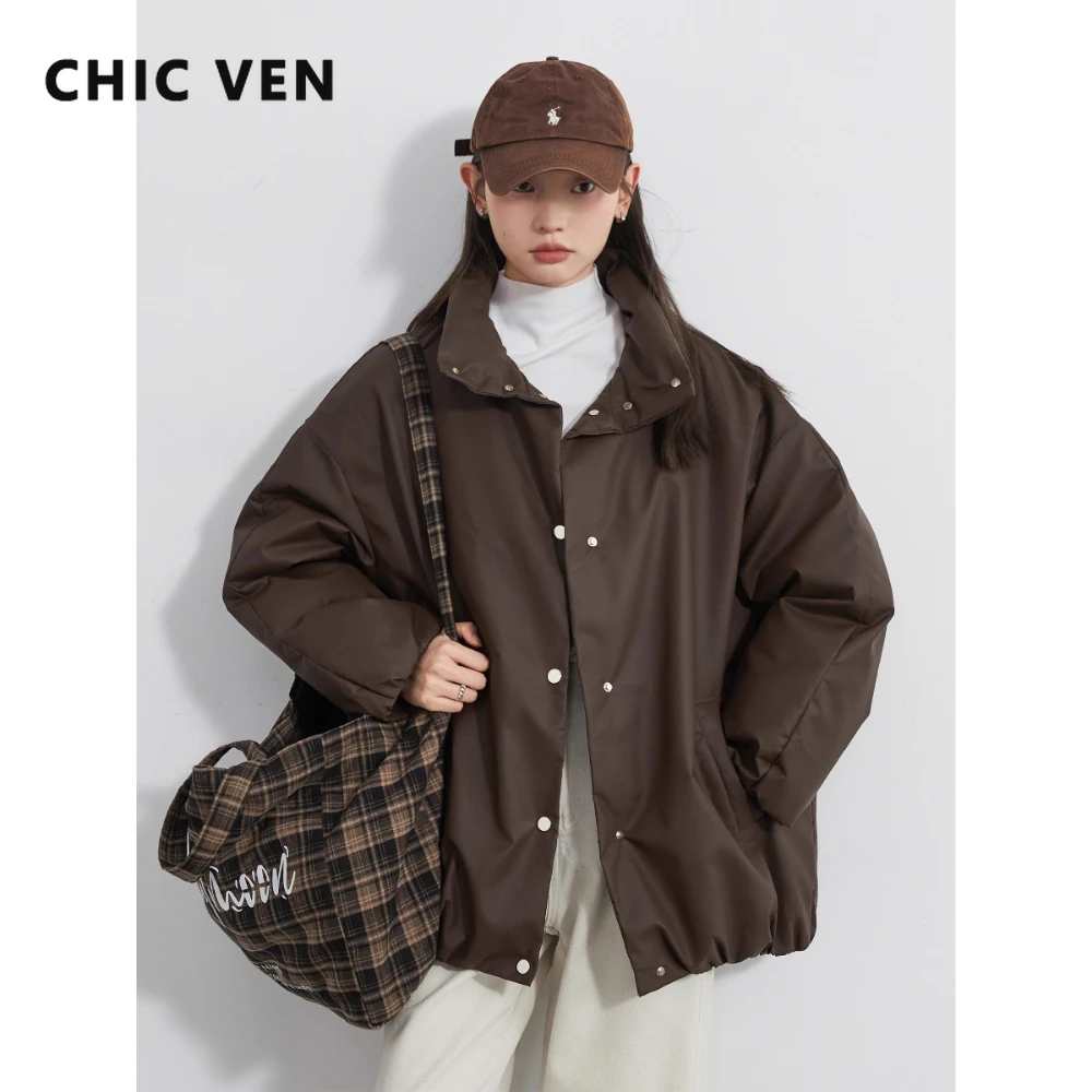 

CHIC VEN Women Short Down Coats New Design Faux Leather Down Jacket for Woman 90 White Duck Down PU Overcoat Autumn Winter 2025