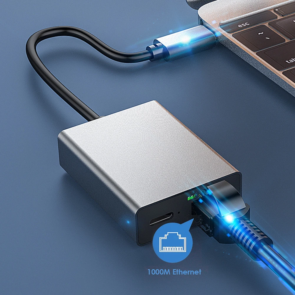 Type C To Ethernet Adapter 1000Mbps USB Type C To RJ45 Lan Adapter Plug and Play Support PD Charging Network Card