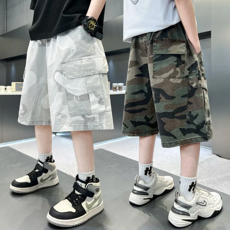 2026 Summer Boys Loose Thin Shorts Kids High Street Trend Casual Sports Shorts Quick Drying Breathable Black Khaki Cargo Pants