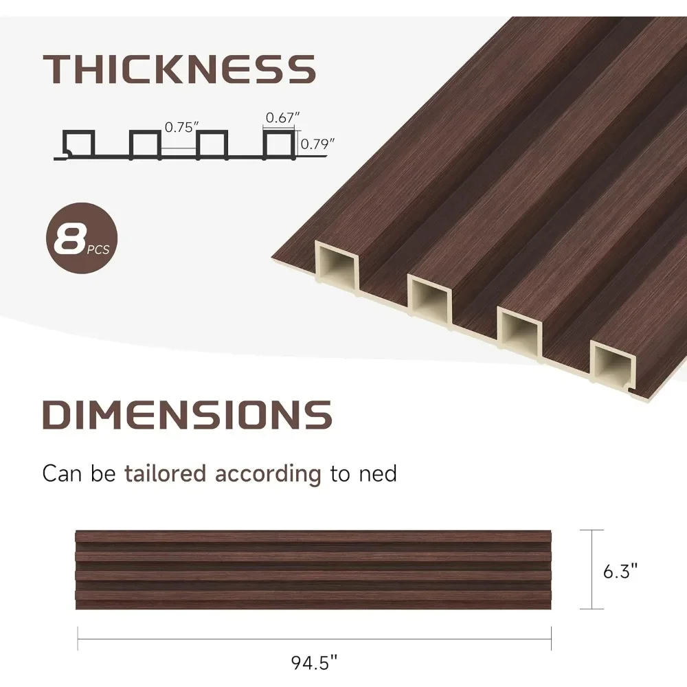 Slat Wall Panels, 8 Pack Accent Slat Wood Slats for Wall and Ceilings, Acoustic Panels for Interior, Walnut, 95 x 6 in