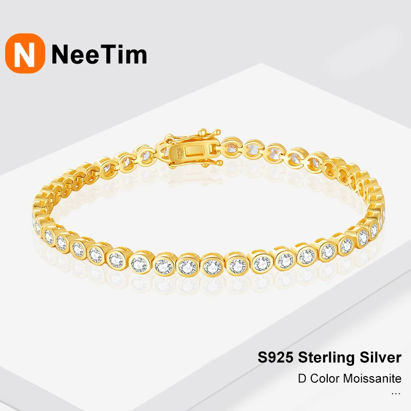 NeeTim 2mm Moissanite Tennis Bracelet S925 Sterling Silver with Gold Plated Bracelets for Women Wholesale Luxury Jewelry Chains