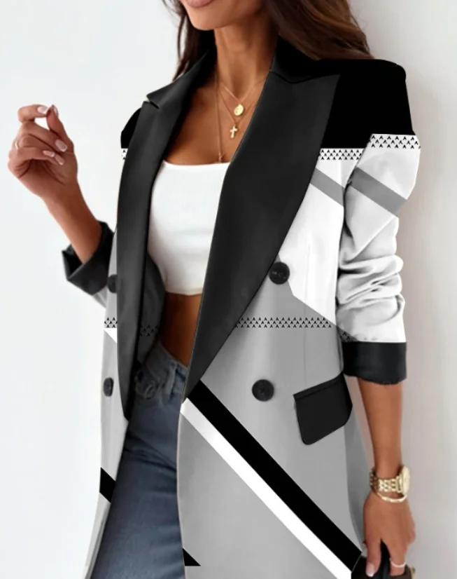 Blazer Woman 2024 Spring Fashion Geometric Print Double Breasted Elegant Temperament Notched Collar Long Sleeve Work Blazer Coat