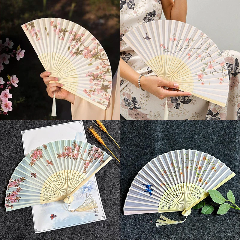 

1Pcs Portable Hand Fold Fan New Chinese Style Dance Props Retro Shell Fan Woman Men Bamboo Wood Silk Flower Folding Fan