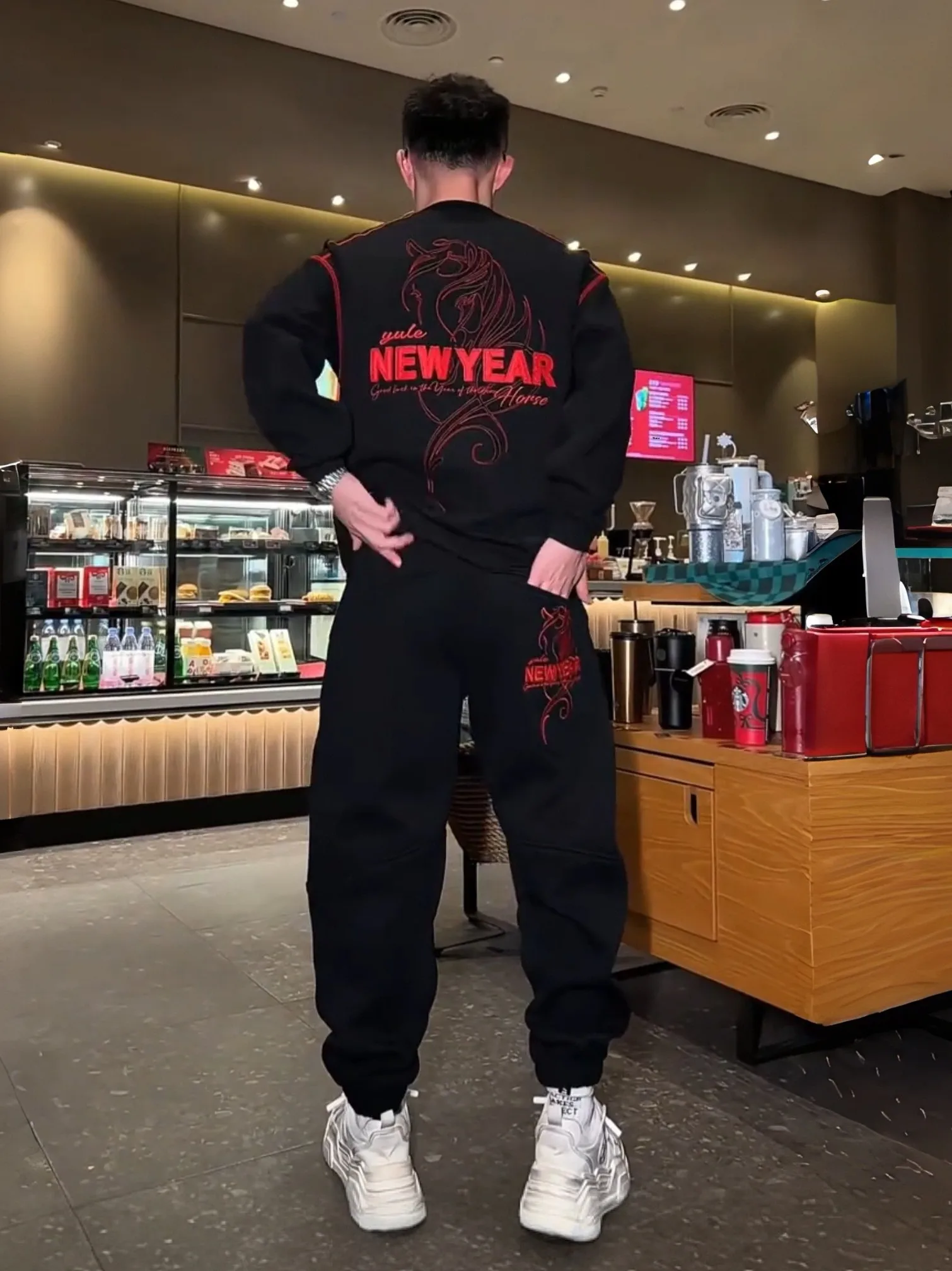 

Autumn Winter Thiened Embroidered Fce Lined Casual Set Men's Faionable All Match round Ne Sweatirt Sweatpants Two ...