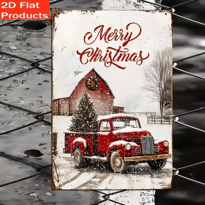 2D Flat Vintage Metal Christmas Sign - Red Truck, Tree & Snowy Barn, Rustic Tin Wall Art for Farmhouse Xmas Decor, Festive Winte