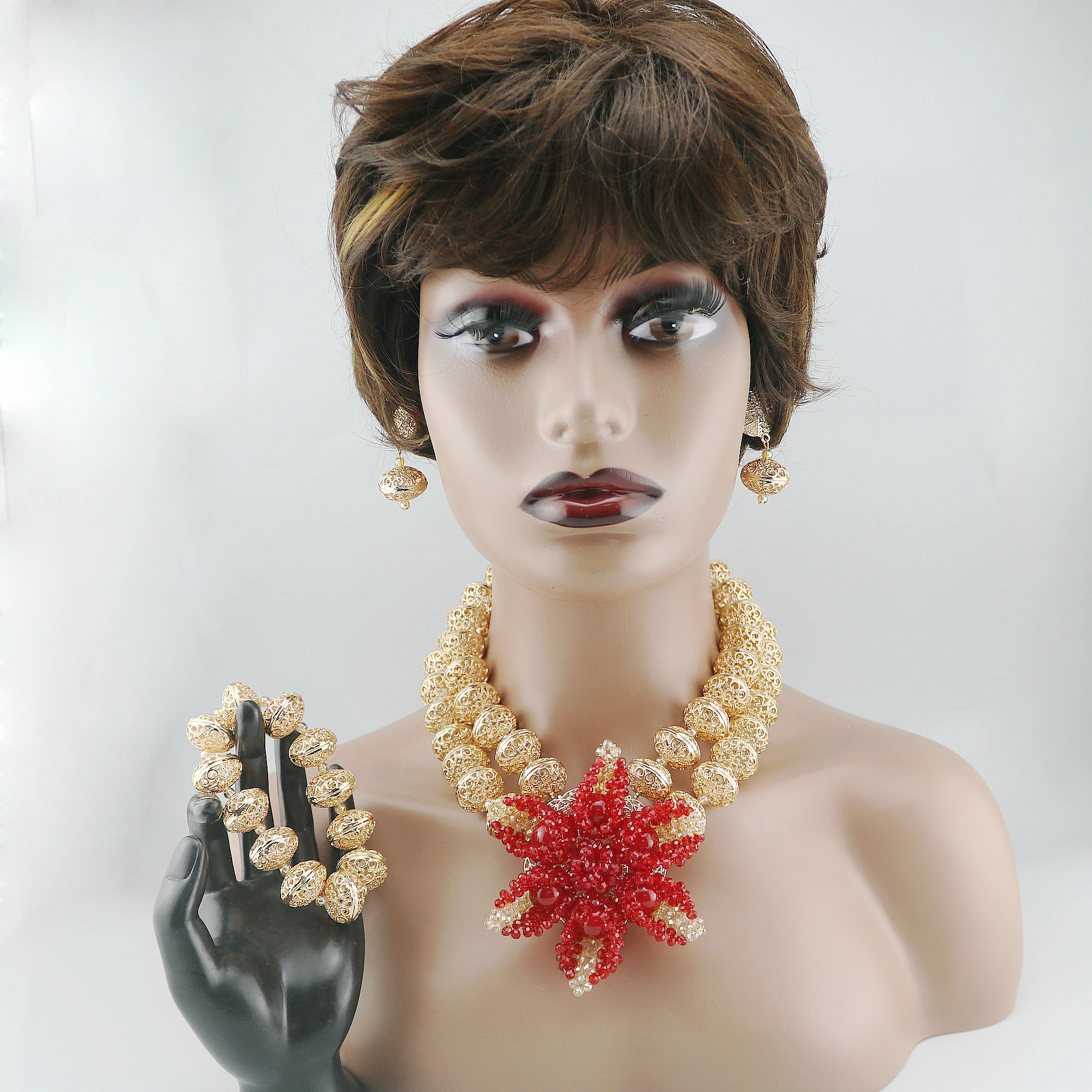 

High Quality Artificial Crystal Bead African Wedding Jewelry Set Women Necklace Nigeria Bride Party Gift Sets XK - 0111982