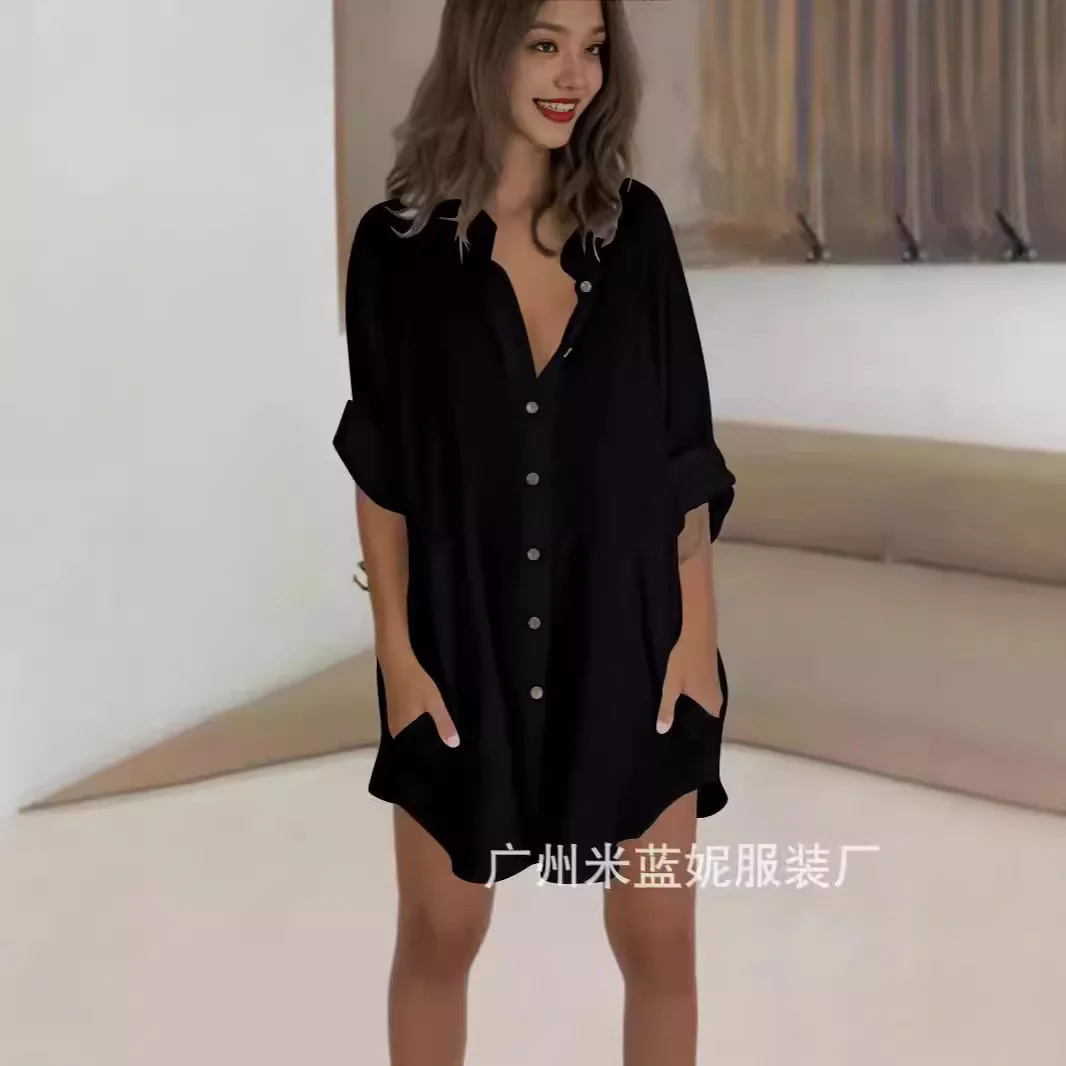 قميص نسائي خريفي 2024 بصدر واحد وجيب مزدوج وأكمام سابعة قميص علوي بأكمام طويلة ورقبة على شكل حرف v وطية صدر عصرية