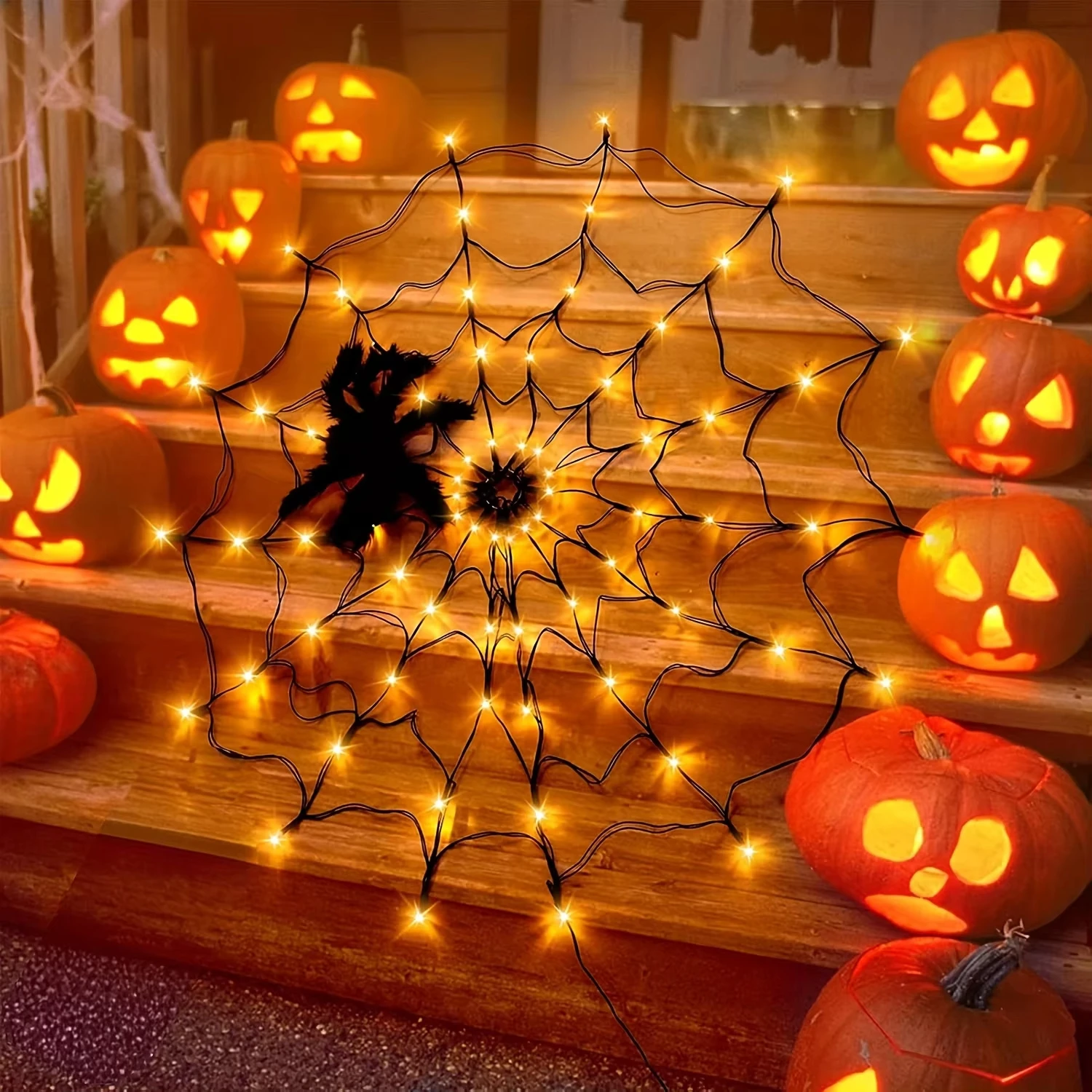Halloween Spider Web Light Battery Powered LED String Lights with 8 Lamp Mode for Haunted House Halloween Home Window Wall Decor