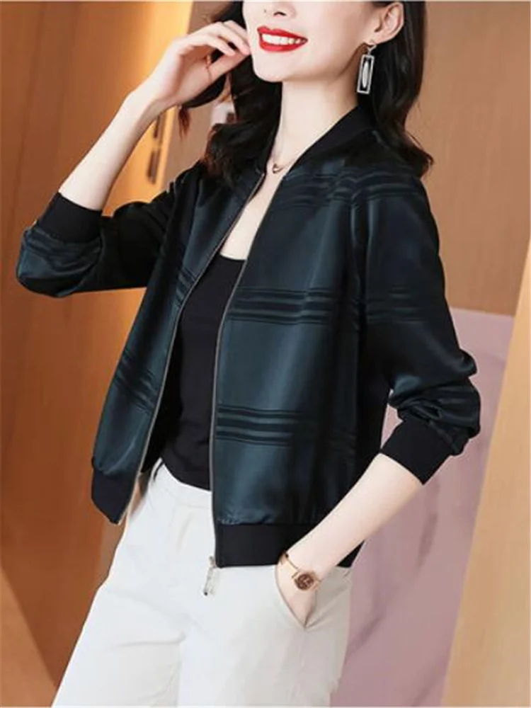 Fashion Silk Coats For Women Zip Outwear Stripe Jackets Coat Satin Woman Clothes Jacket O-neck Baseball Uniform Short Thin Coats