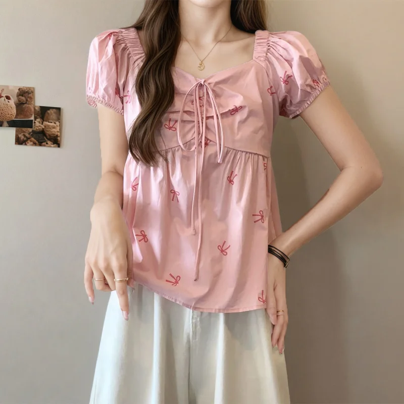 

Summer Casual Bowknot Print Top Tie Short Puff Sleeve Short Sleeve Shirt PG8679