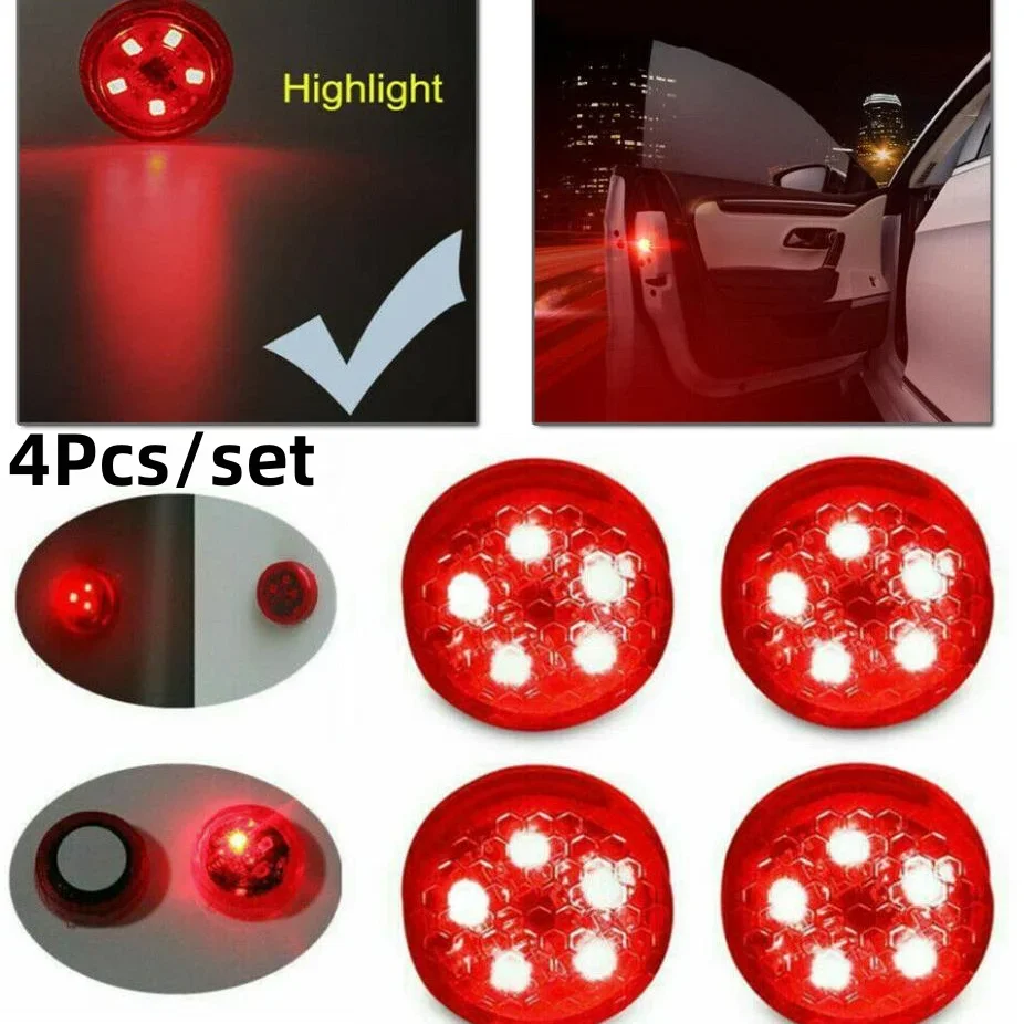4Pcs Universal 5LED Car Door LED Warning Light Safety Anti-collision Anti-follower Light Flashing Sensor Lights Open Door Lamp