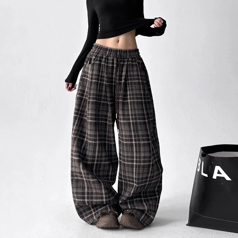 Pantaloni da donna a gamba larga con stampa scozzese vintage Pantaloni casual larghi autunno inverno Pantaloni con coulisse a vita alta retrò americani