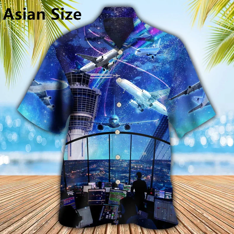 Full Print Airplane Pattern Hawaiian Shirt For Men Summer Short Sleeve Button Up Vacation Shirts Tops Men's Casual Beach Shirt