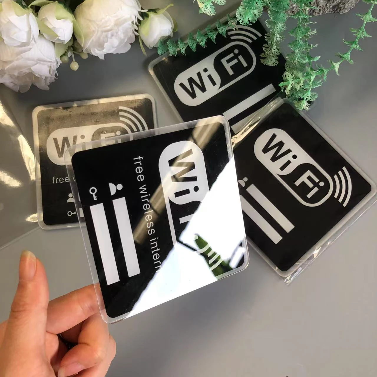 ملصقات حائط مرآة بعلامة WIFI من الأكريليك ثلاثية الأبعاد قابلة لإعادة الكتابة وحساب الكتابة اليدوية وكلمة المرور لتزيين لافتات المتجر العام #4