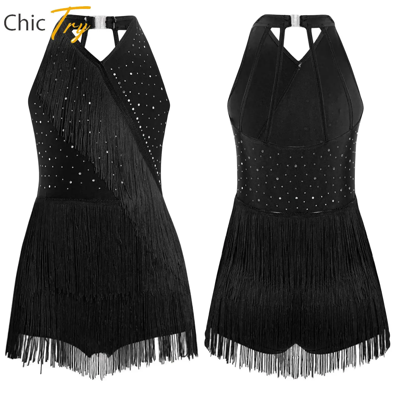 

Kids Girl Latin Dance Costume Cha-cha Samba Salsa Rumba Figure Skating Dancewear Tassel Leotard Dress for Stage Show Performance