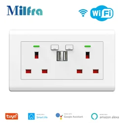 Tuya Smart UK Wall Socket with Dual USB Charge Ports 13A Double Electrical Plug Outlet Voice Remote Control Alexa Google Home