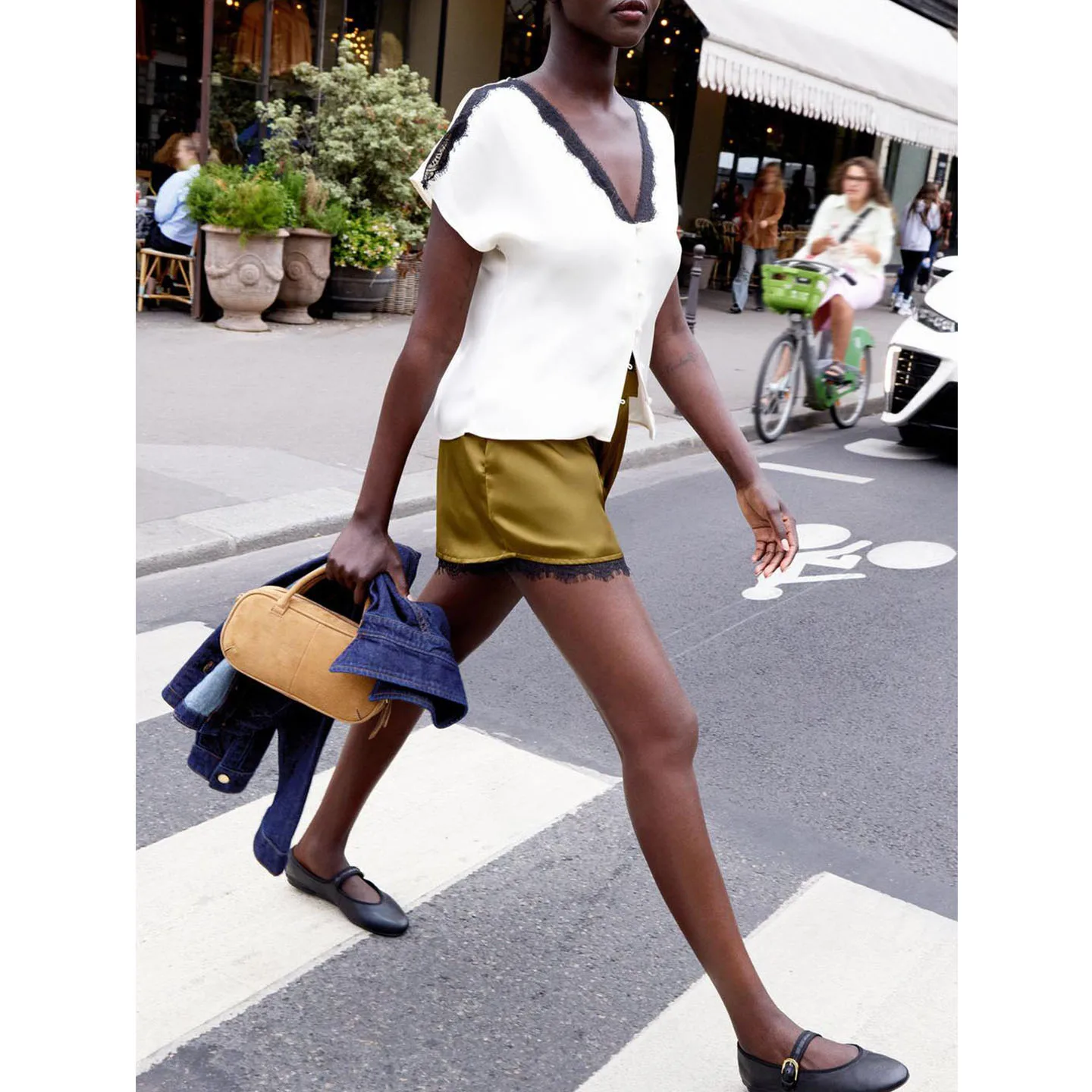 V-Ne cor blo renda guarnição cetim de seda sensação irt calças casuais conjunto feminino faion outono coleção neutra sle cintura média