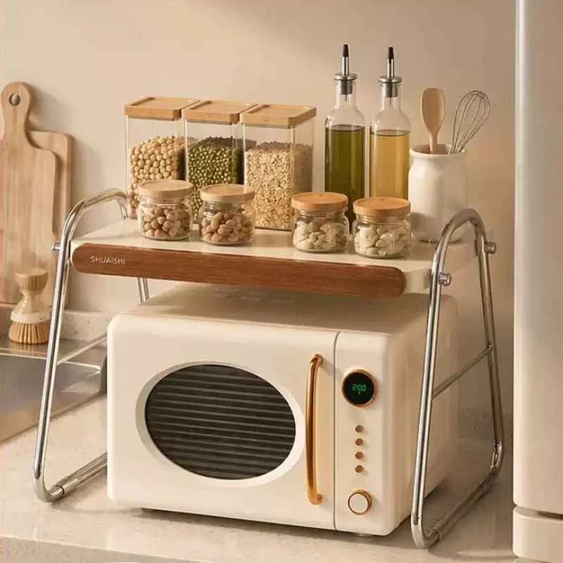 Stainless Steel Microwave Rack Countertop Organizer for Toaster Oven Rice Cooker Retro Rustproof Pots Shelf Modern Kitchen Stand