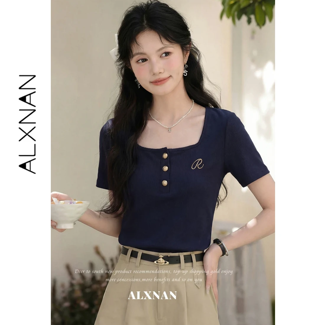 

ALXNAN Navy Square Neck T-shirt Letter Embroidery Minimalist Basic Short Sleeve T-shirts Summer New Elegant Fashion Tops L63627A