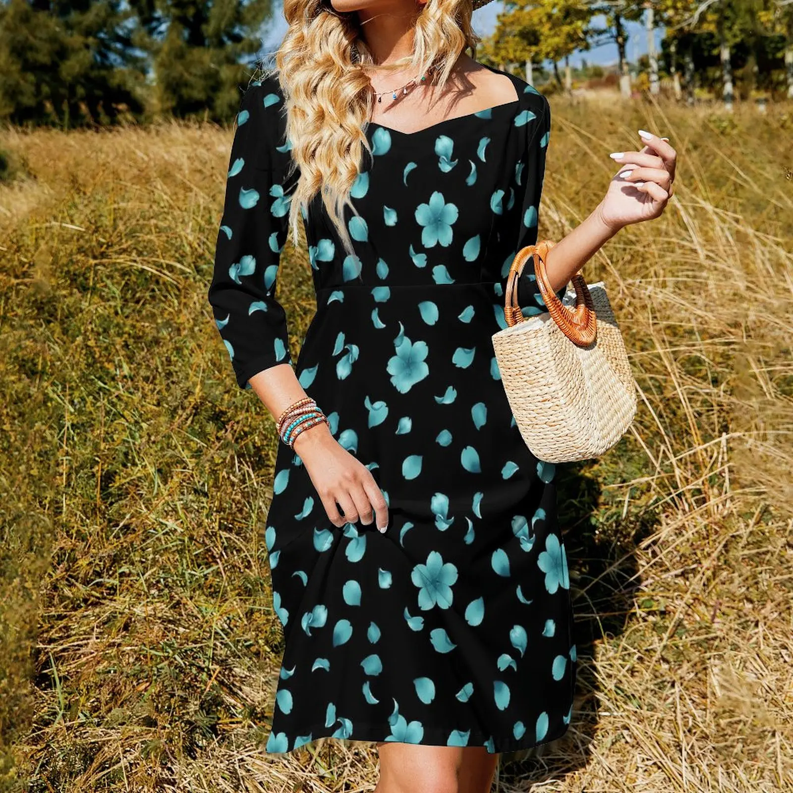 Blue Fower Casual Dress Female Falling Teal Sakura Street Fashion Dresses Retro Dress With Bow Summer Oversize Clothes