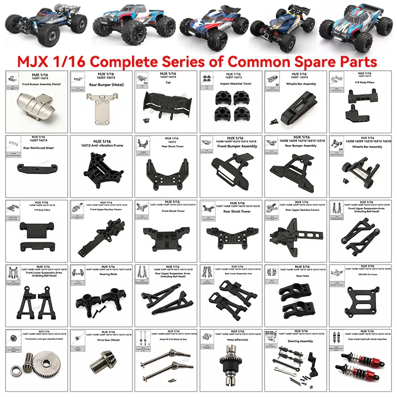 Pièces d'origine MJX 1/16 pour voitures RC 16218 16213 16212 16207 16208 : Servo, amortisseur anti-collision, bras oscillant