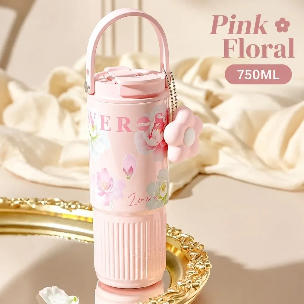 Stylish 750ML Water Bottles Leakproof Portable Insulated Thermal Cup Floral Printing Stainless Steel Tumbler for Lady Girls