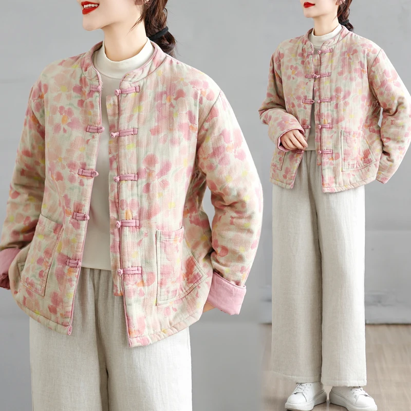 

New Chinese Sle Loose Fit Cotton Jaet Women's Winter Outerwear with Button Print Warm Cotton Filled T Top