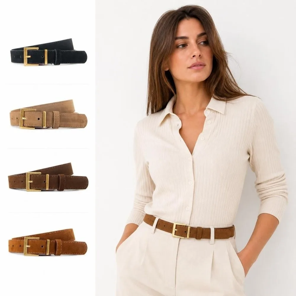 Fashion Square Alloy Pin Buckle Waist Belt Faux Suede Matte Suede Leather Belt Simple Versatile Waist Belt For Outfit Matching