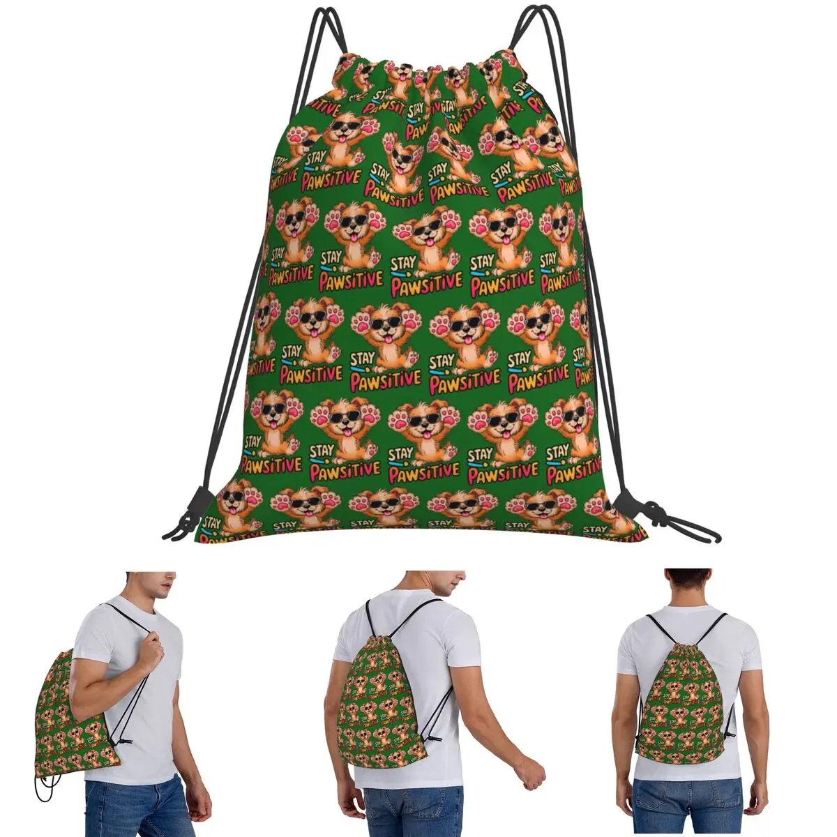 Stay Pawsitive Backpacks Portable Drawstring Bundle Pocket Sports Bag Book Bags for Man Woman Students