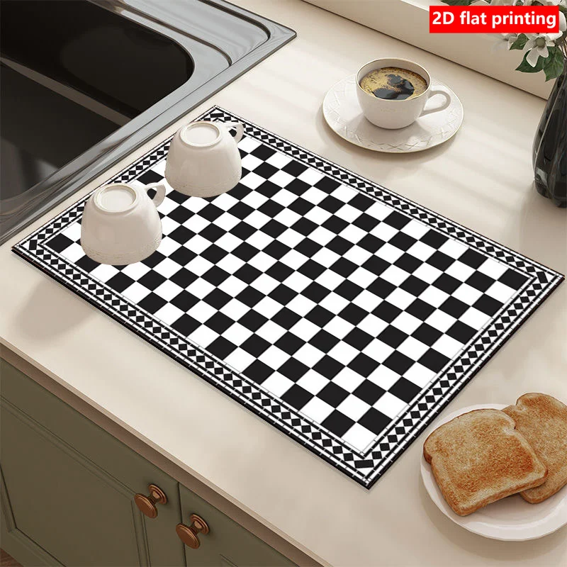 Checkerboard Plaid Kitchen Counter Pad Fast Drying Mat Absorbing Countertop Protection Placemat Cup Coaster Dustproof Pad