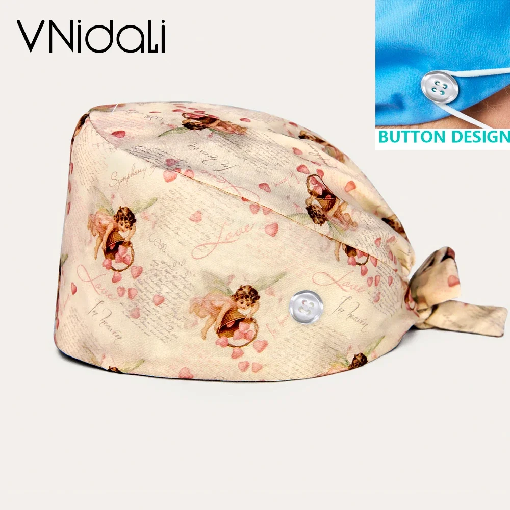 Cartoon Print Scrub Hat Medical Caps Women Doctor Nurse Surgical Hat Dental Beauty Salon button Scrub Cap For Long Short Hair