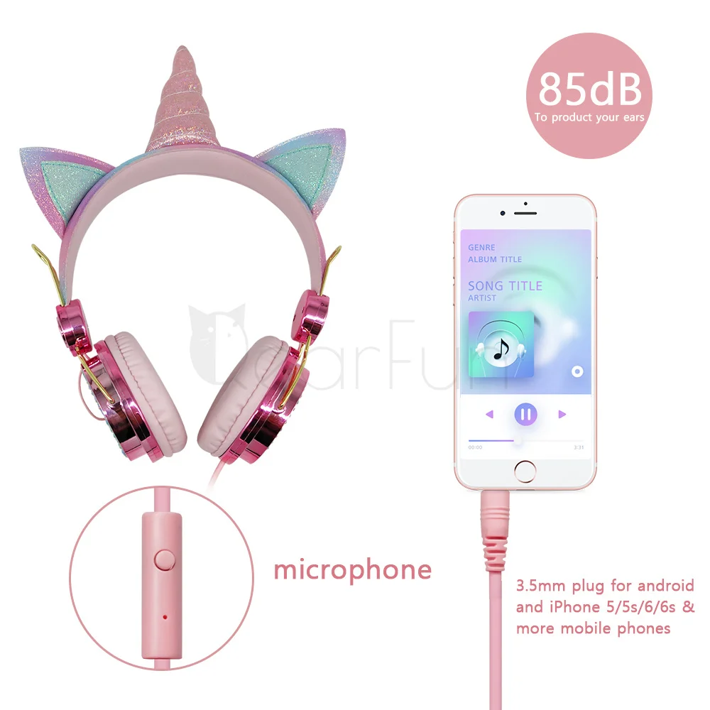 Kids Headphones Diamond Unicorn Wired Headphones with Microphone Girls Music Phones Headset for Children Daughter Kids Gifts