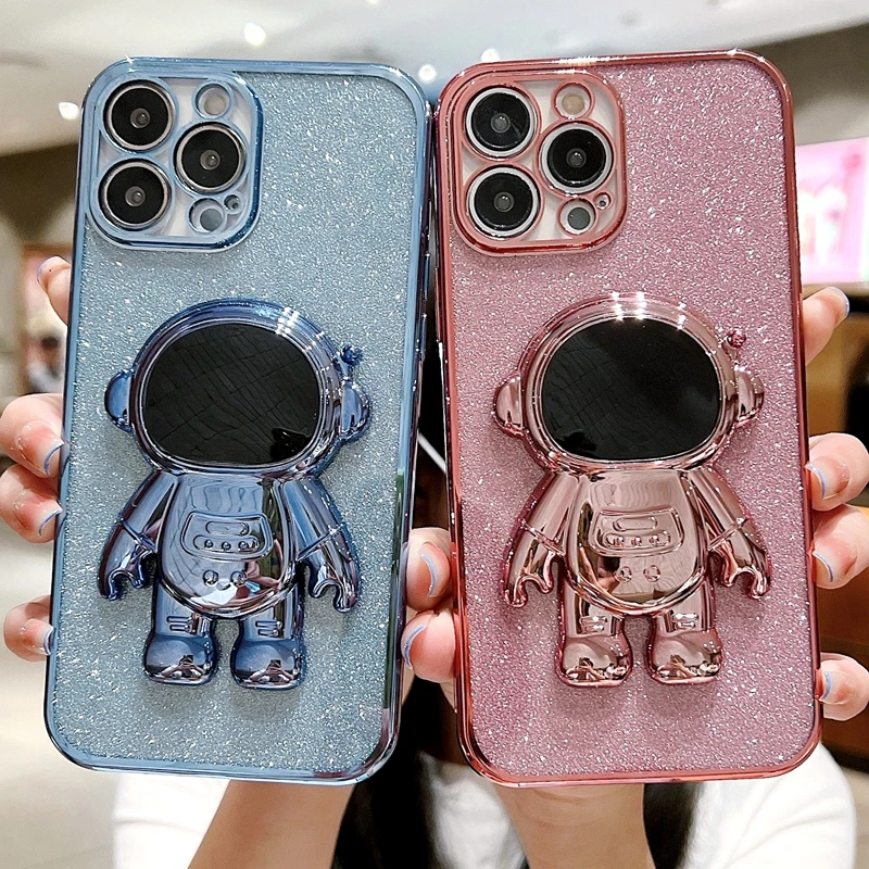 Luxury Astronaut Electroplated Case For iPhone 11 12 13 14 Pro Max XS X XR 7 8 Plus SE 2020 22 Mini Glitter Kickstand Case Cover