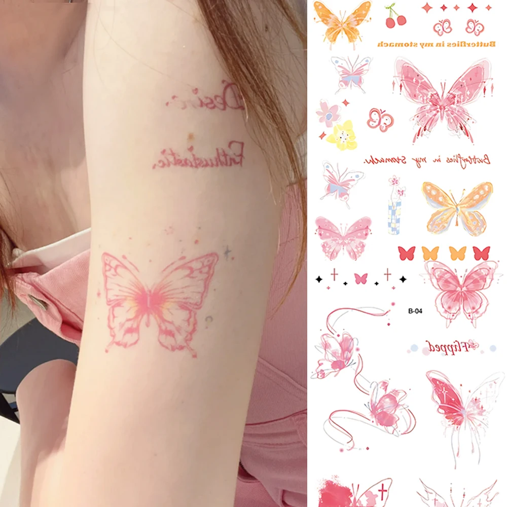 Waterproof Pink Butterfly Temporary Tattoo Sticker Self Adhesive Long Lasting Tattoo Stickers Women Body Arts Decoration Makeup