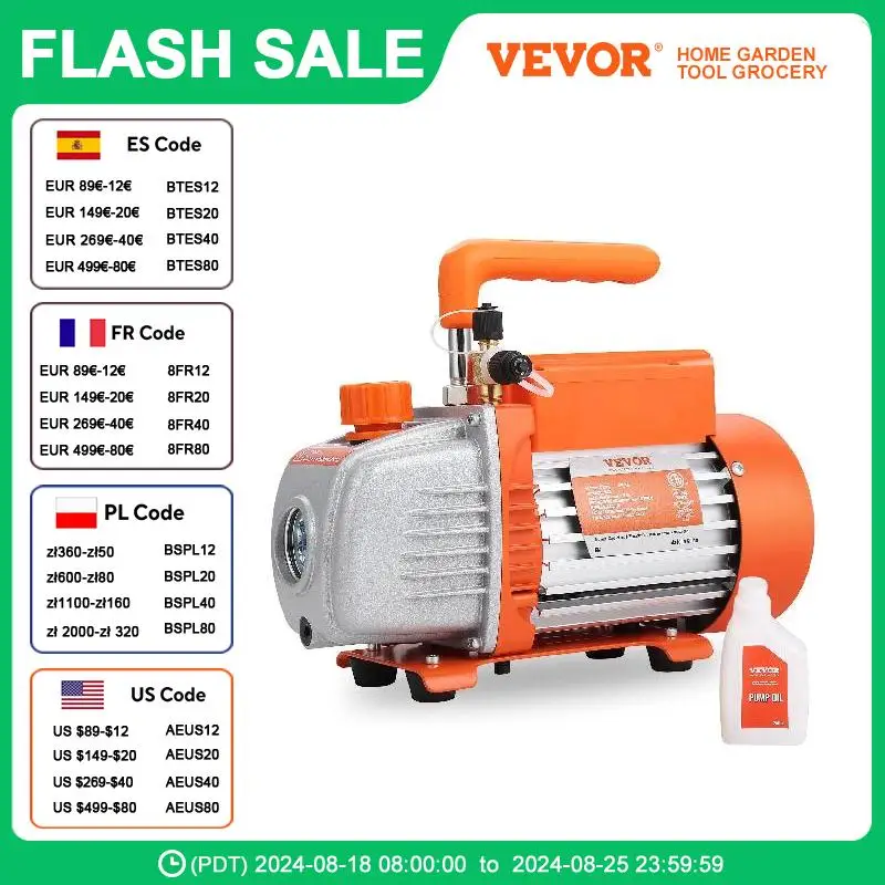 VEVOR 1/5 HP Single Stage Vacuum Pump 3.5 CFM AC Air Conditioning Conditioner Vacuum Pump HVAC Repair Refrigeration Maintenance