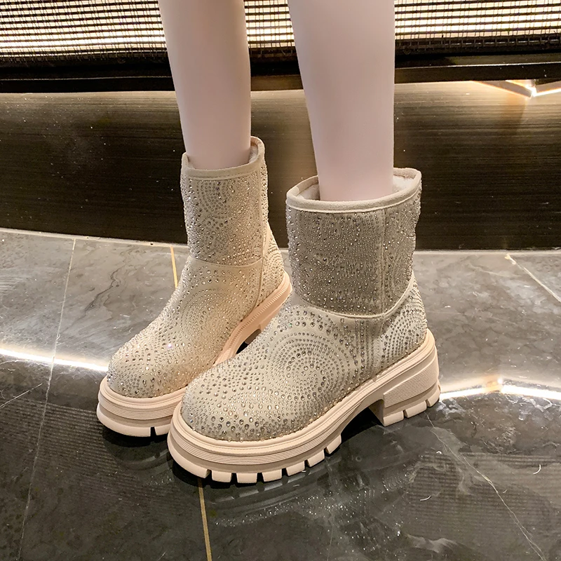 

Women's 2025 Winter New Full Diamond Platform Heightened Booties Round Toe High Heel Chimney Boots