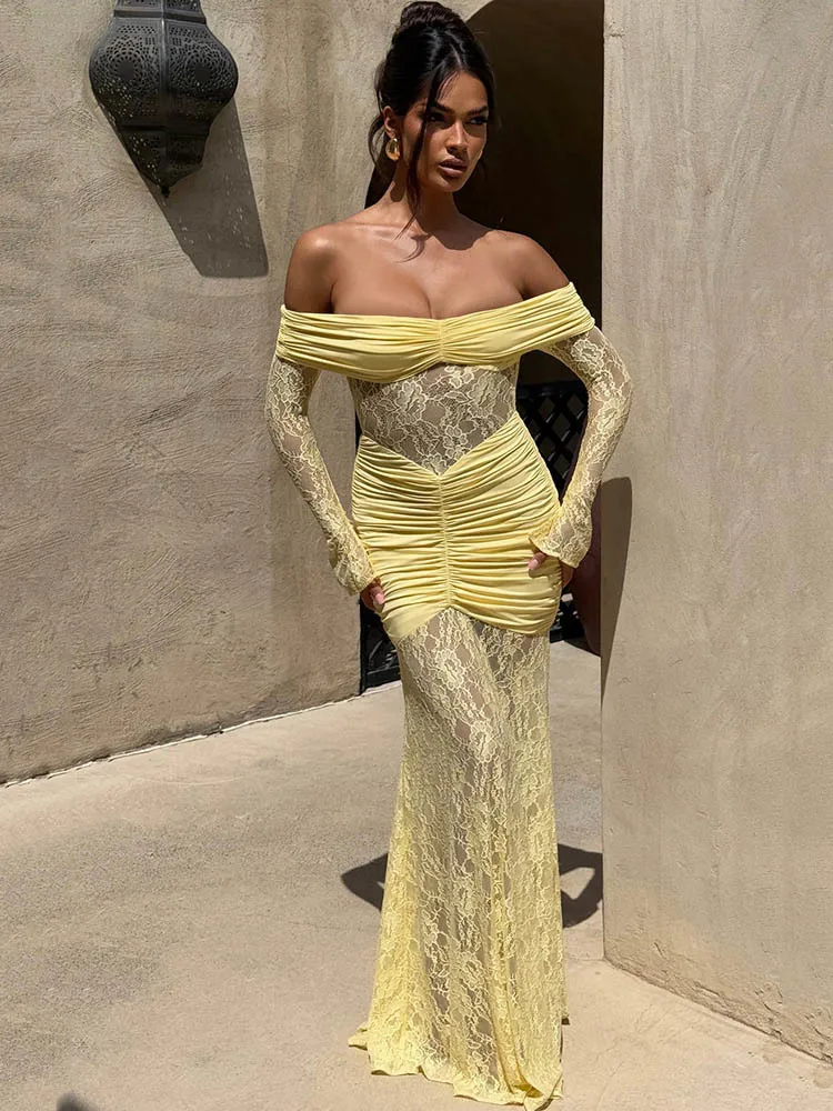 Articat elegante manga longa malha renda retalhos bodycon vestido feminino sexy fora do ombro sheer festa clube formal vestido de noite