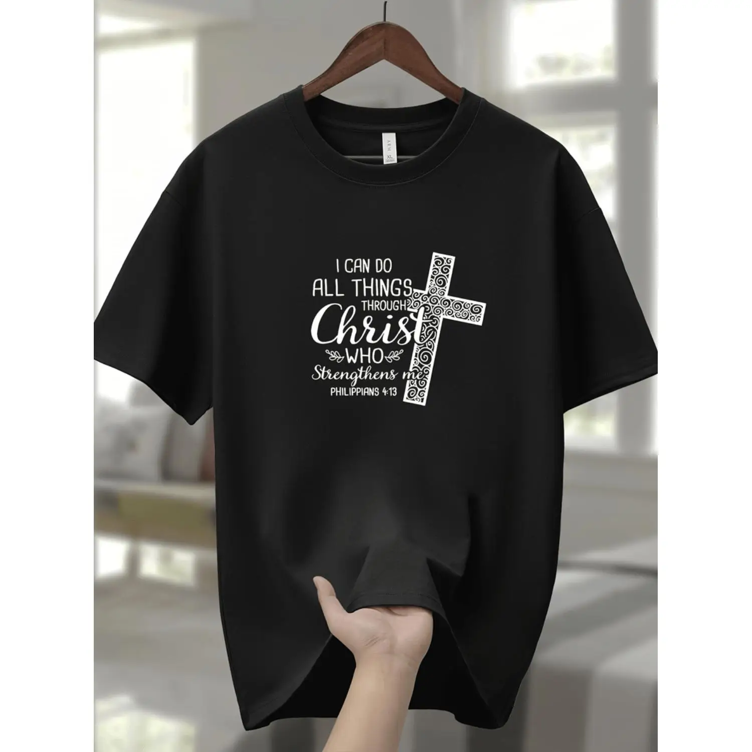 Mens 100 Cotton Christian Graphic T-Shirt Inspirational Verse Cross Design Casual Sports Neck Short Sleeve Tee Breathable Regular Fit Summer Top for Faith Based Casual Wear Comfortable Apparel Religious Motif Nontransparent
