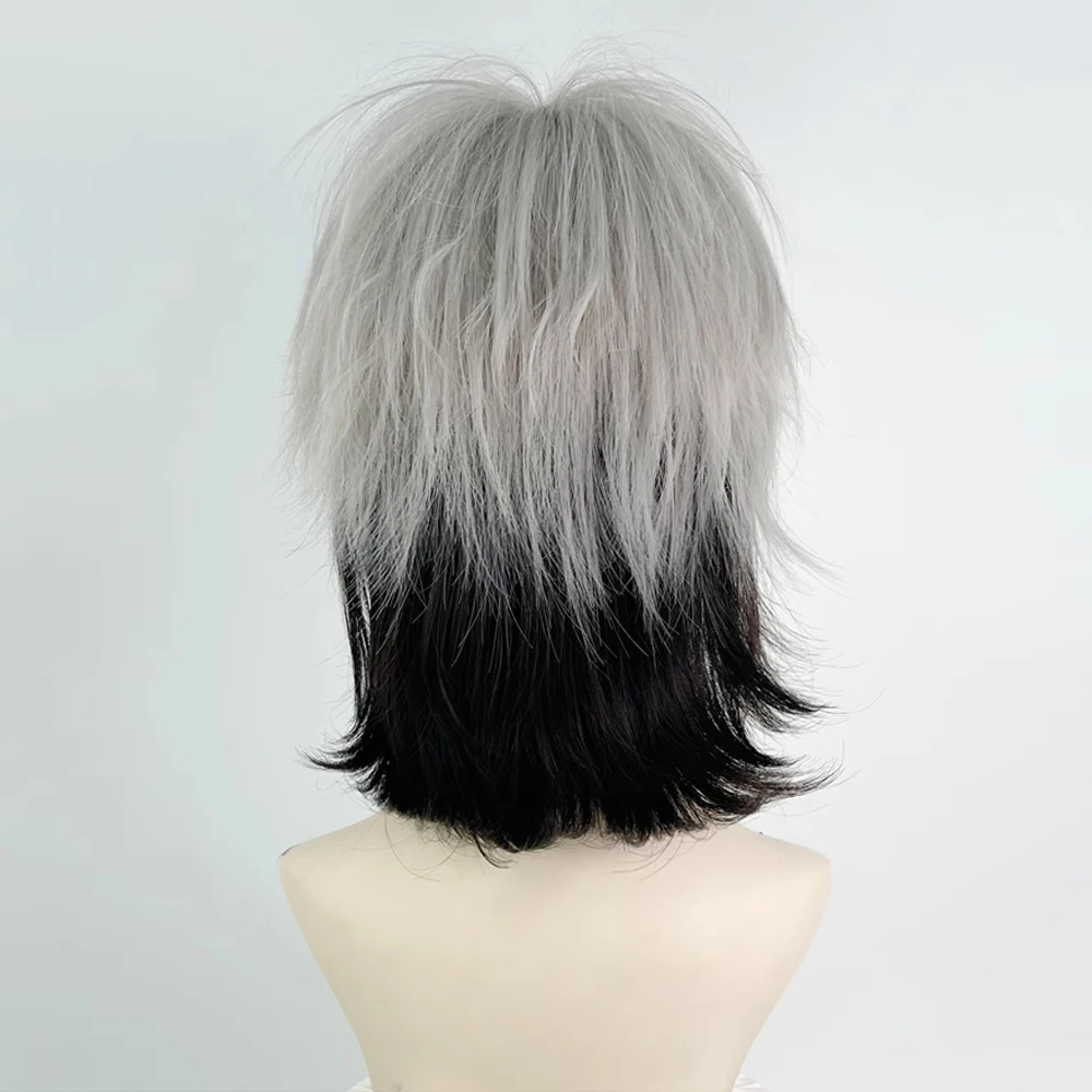 Men Wolf Tail Mullet Head Ombre Grey Black Layered Wig with Bangs Short Straight Fluffy Hair Wig for Lolita Daily Party