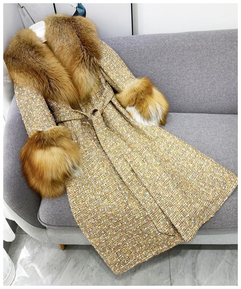 

2023Real fur,Autumn Winter Women's Real Large Fox Fur Collar And Cuffs Long Tweed Woolen Coat Fashion Warm Winter Jacket Women