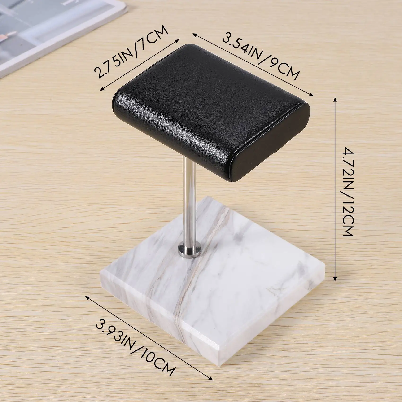 A80IWhite Marble Watch Bracelet Display Stand Black PU Leather Jewelry Stand Watch Stand Silver Color Rod Placement Stand