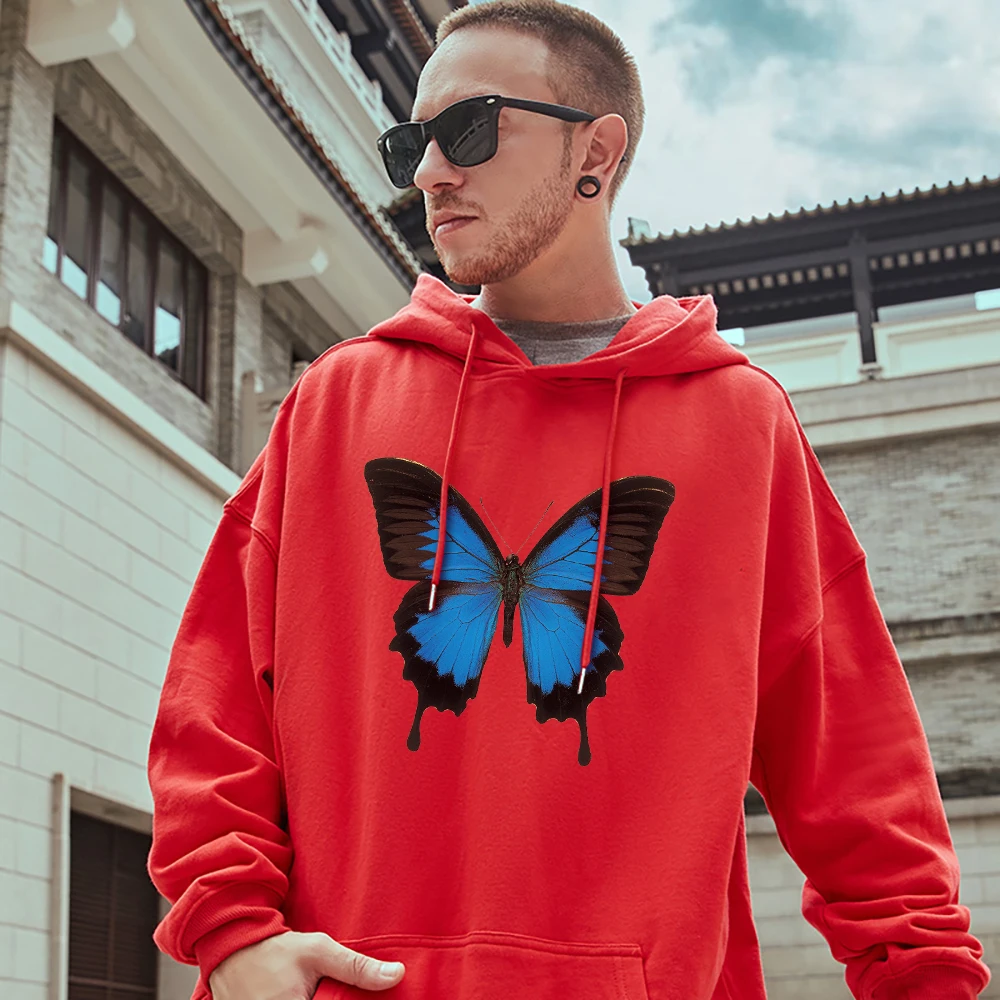 Blue Pattern Butterfly Spreads Its Wings Printed Mans Pullover Hip Hop Fashion Sweatshirt Personality All-math Men Cotton Hoodie