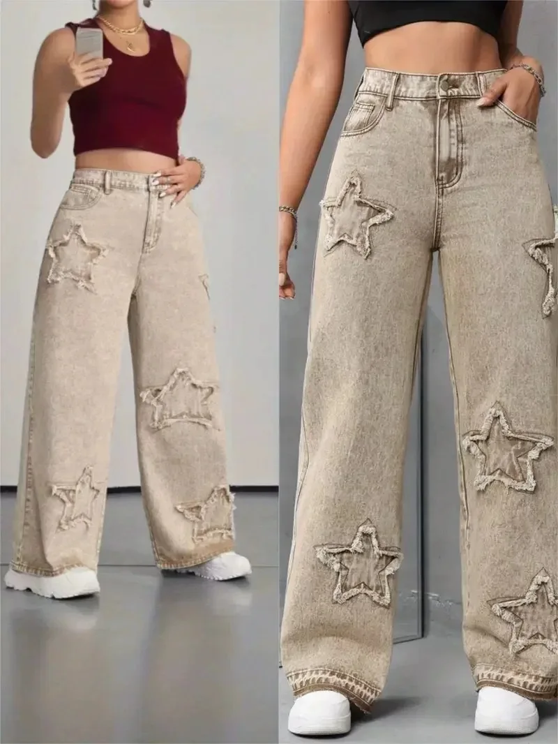 

Street Sle Women's Jeans Loose Straight Leg Casual Denim Pants High Waist Zipper Closure Summer Season Ladies Faion