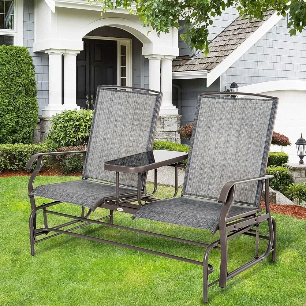 

Metal Frame Patio Loveseat ,Outdoor Glider Bench with Center Table,with Breathable Mesh Fabric and Armrests