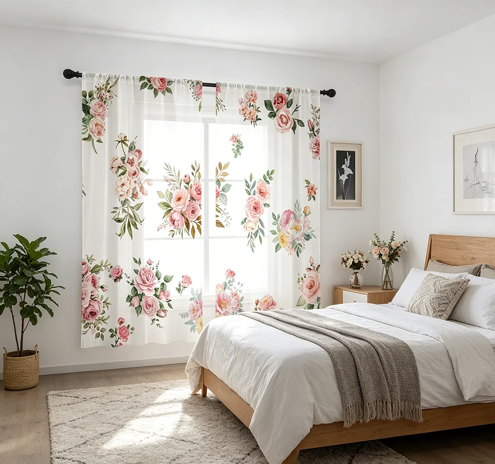 2PCS Digital Printed Sheer Curtain, Rose Flower Story Theme, Romantic Vintage Floral Garden for Living Room Bedroom Home Decor