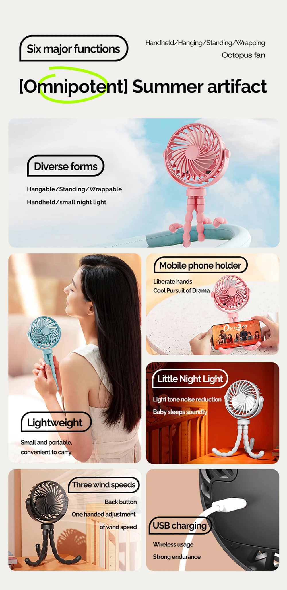 Mini Oszillierender Ventilator, Geräuschloser Oktopus-Ventilator, Flexibel Einstellbar, Handheld/Hängend/Umwickelbar/Stehend, Mini-Ventilator mit Licht, Kinderwagen-Ventilator – Detail 3