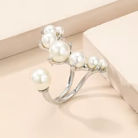 Elegant Simulated Pearl Geometric Open Ring For Women Silver Color Adjustable Jewelry Wedding Party Gift Anillos Mujer